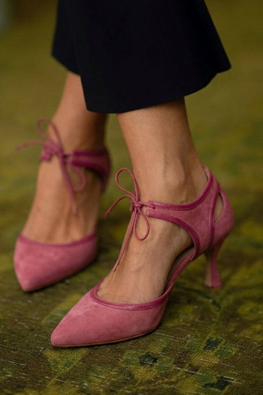 Faux Suede Two-Tone Pointed Toe Bow Tie Kitten Heels