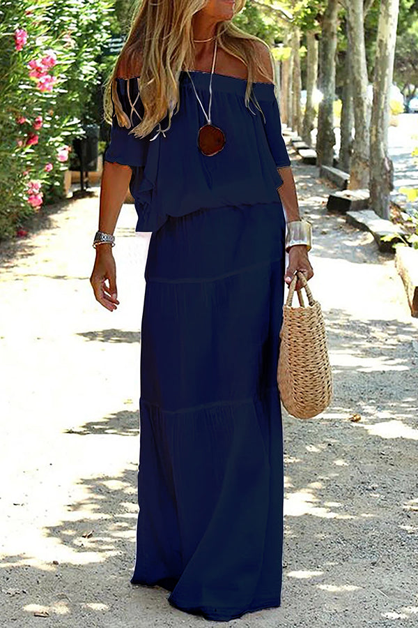Casual Off Shoulder Ruffle Tiered Beach Maxi Dress