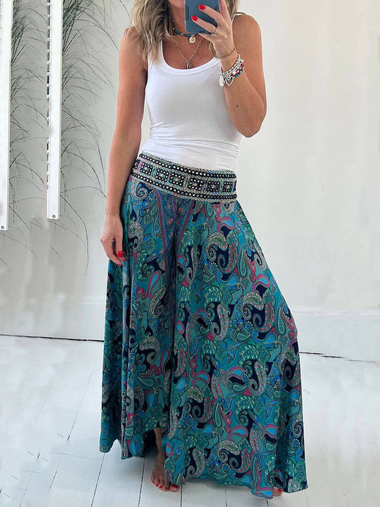 Pantalones de pierna ancha con cintura elástica y estampado étnico en patchwork