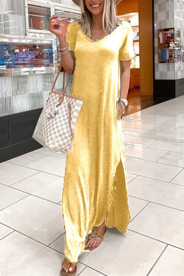 V Neck Short Sleeve Slit Maxi Dress