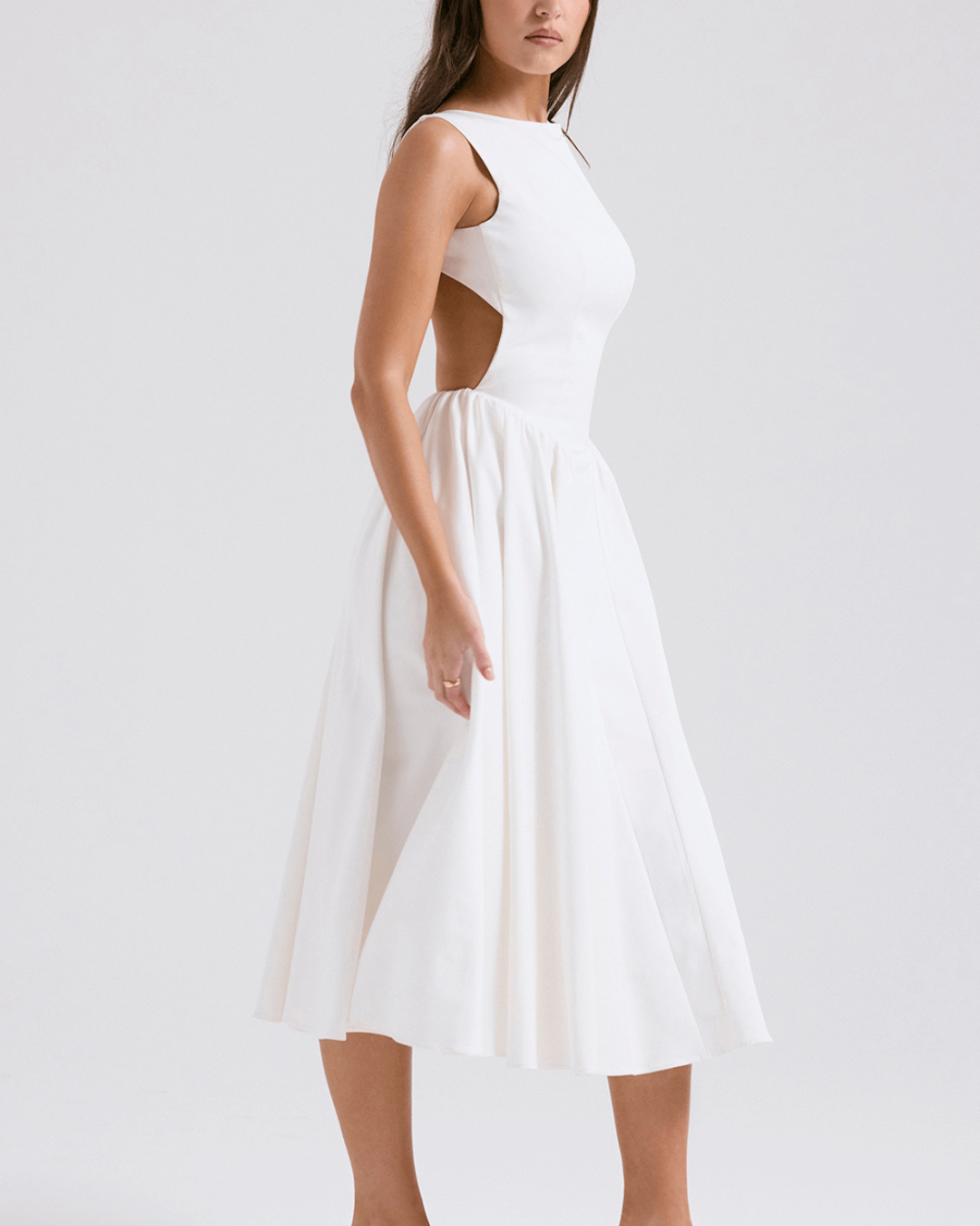 Twill Sleeveless High Neck Basque Waist Midi Sundress