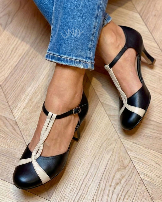 Contrast Round Toe T-Strap Mid Heels [Pre Order]
