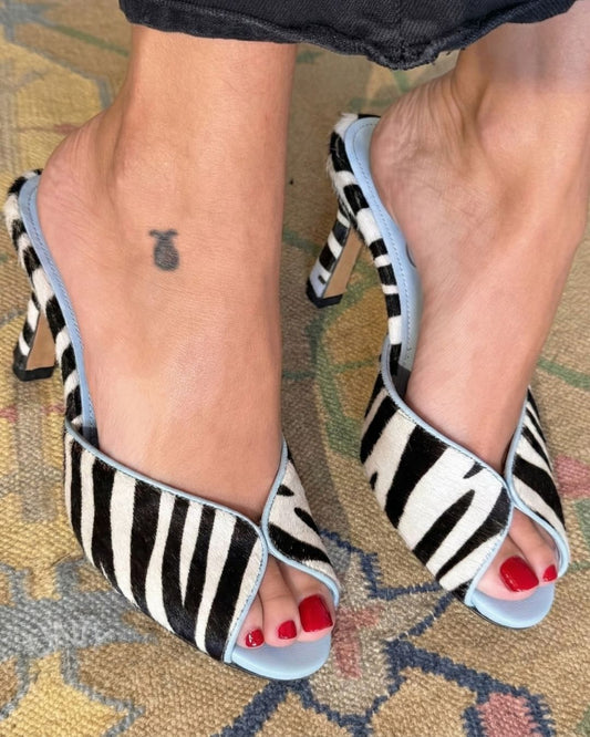 Zebra Pattern Calf Hair Contrast Trim Peep Toe High Heel Mules [Pre Order]
