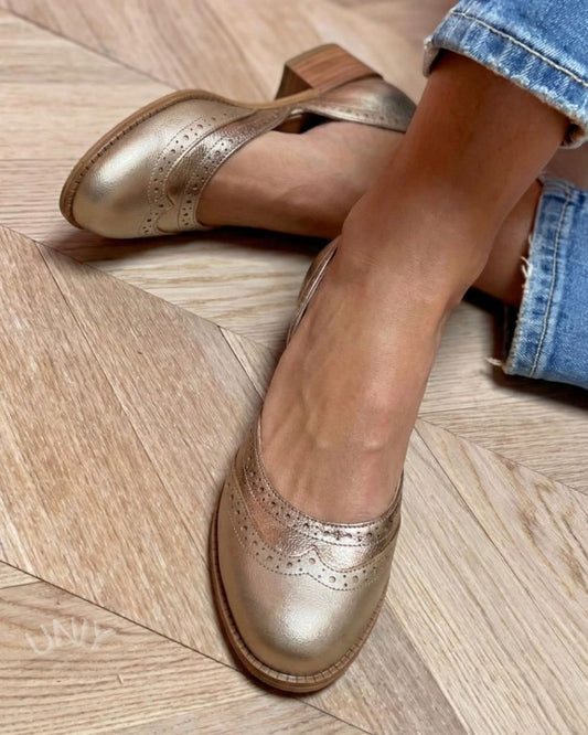 Gold Cutout Brogue Round Toe Block Heel Pumps [Pre Order]