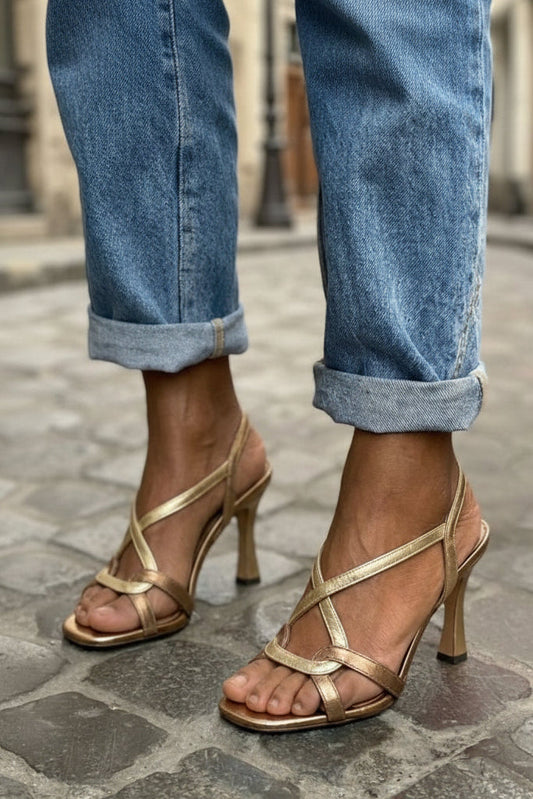 Gold Metallic Crisscross Strap Stiletto Heel Sandals