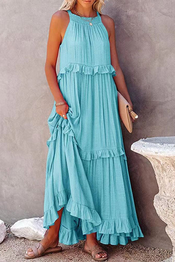 Sleeveless Smocked Halter Neck Irregular Tiered Ruffle Maxi Dress