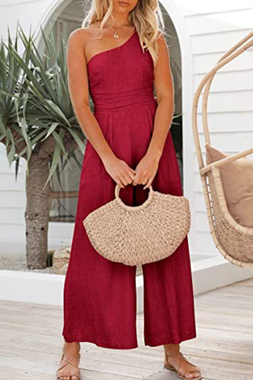 One Shoulder Pleated Wide Leg Jumpsuit