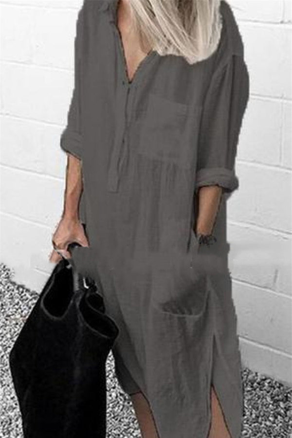 Solid Color V-Neck Long Sleeve Button Slit Shirt Dress