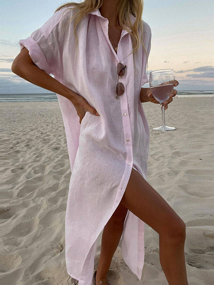 Oversized Linen Short Sleeve Button Down Maxi Shirt Dress