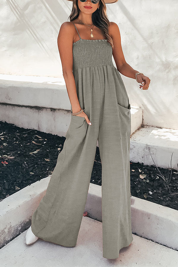Smocked Ruffle Strap Casual Gauze Jumpsuit