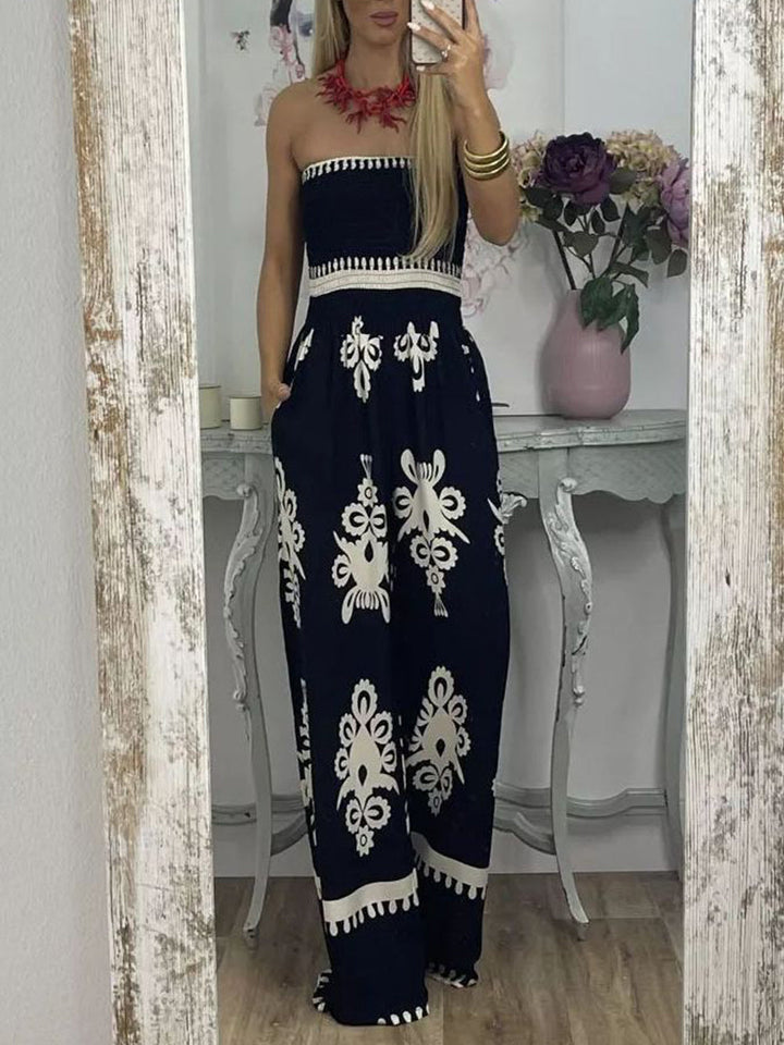 Strapless Printed Smocked Waist Wide Leg Jumpsuit