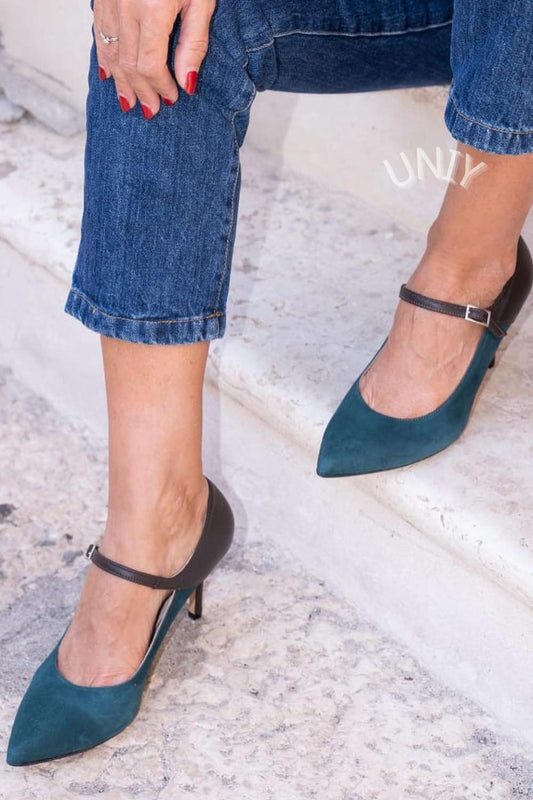Teal and Black Pointed Toe Ankle Strap Heels [Pre Order]