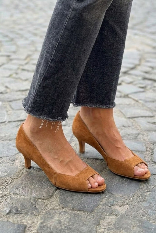 Tan Suede Peep Toe Low Kitten Heels [Pre Order]