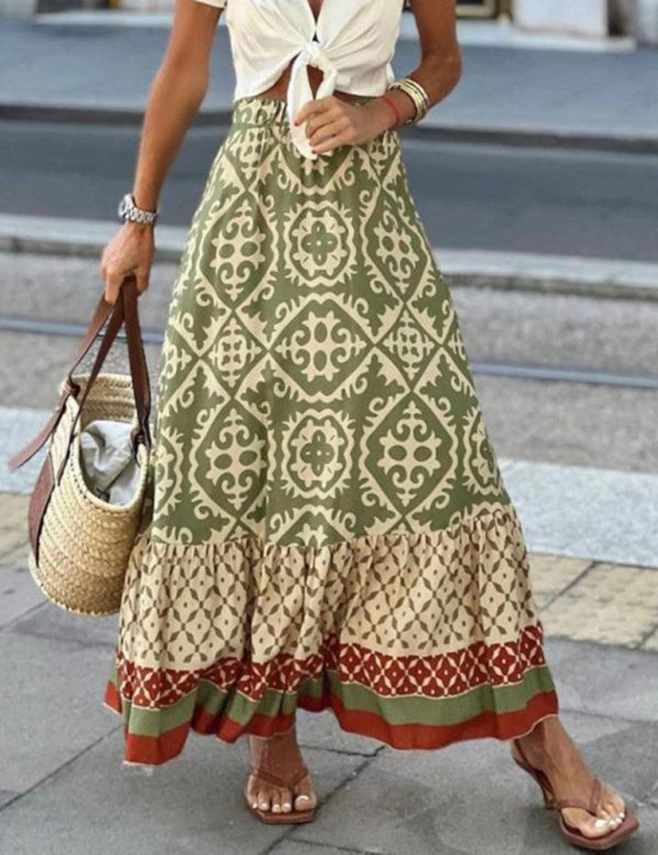 Geometric Print Paneled Swing Maxi Skirt