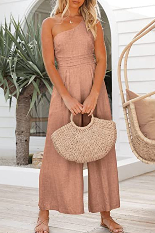 One Shoulder Pleated Wide Leg Jumpsuit