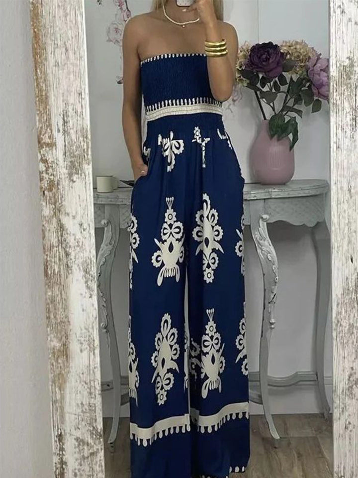 Strapless Printed Smocked Waist Wide Leg Jumpsuit