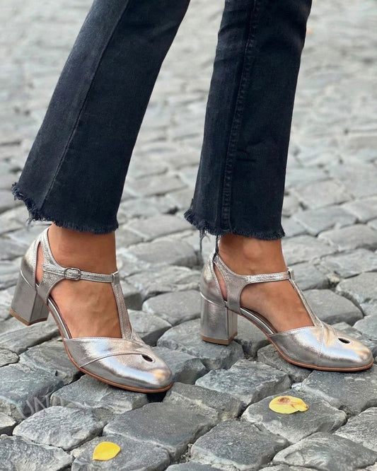 Silver Metallic T-Strap Ankle Chunky Block Heels [Pre Order]