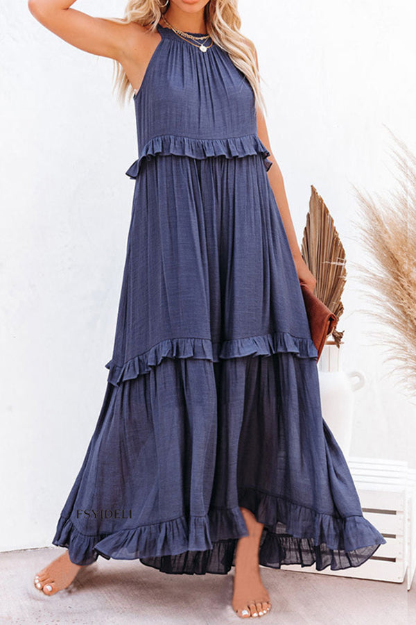 Sleeveless Smocked Halter Neck Irregular Tiered Ruffle Maxi Dress