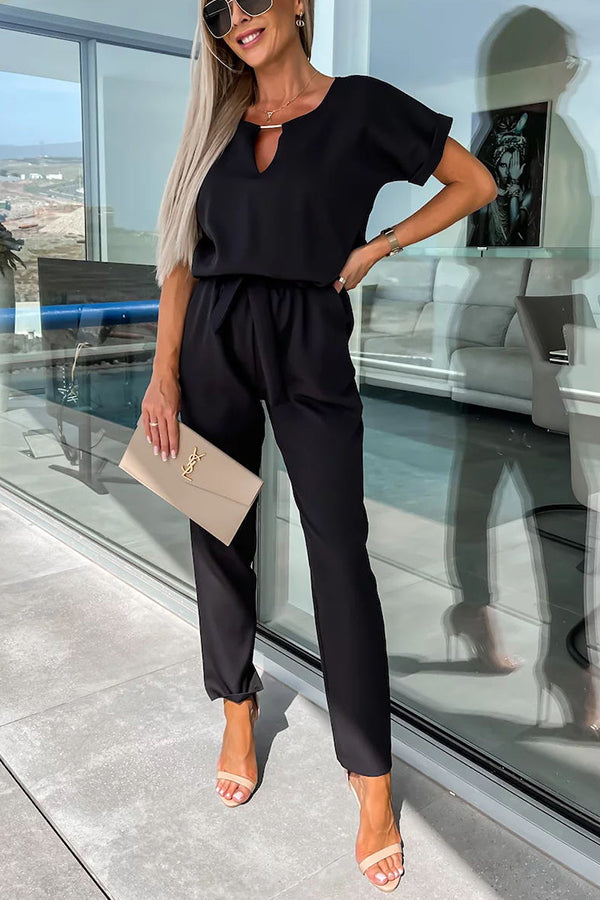 Metal Cutout Neck Belted Pocketed Jumpsuit