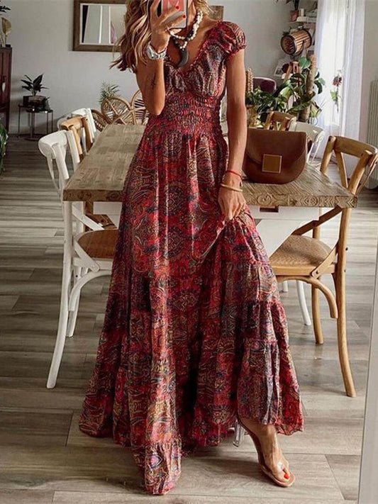 Bohemian Smocked V-Neck Tiered Maxi Dress
