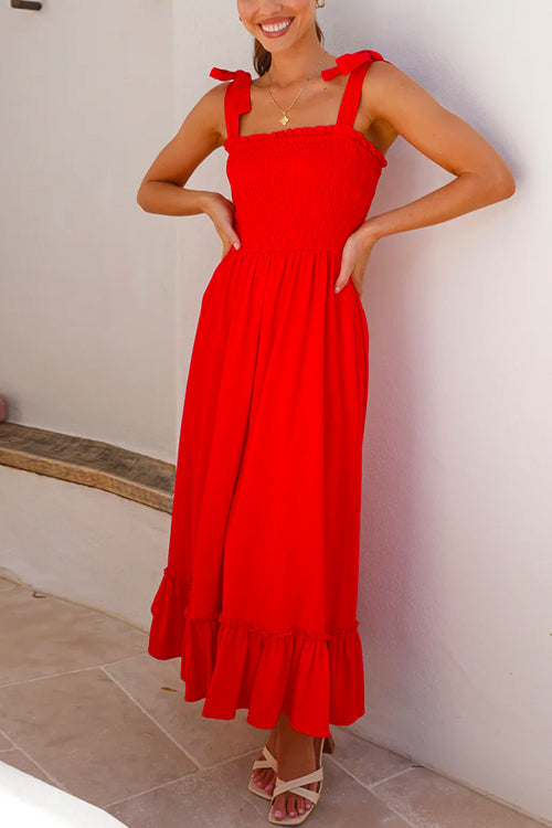 Bow Shoulder Smocked Ruffle Maxi Dress