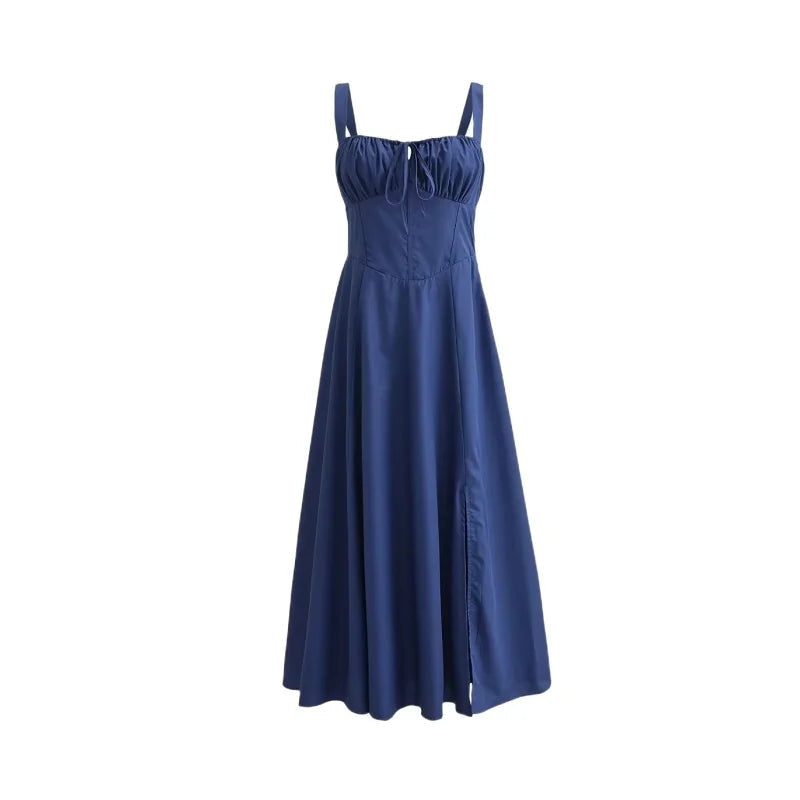 Square Neck Ruffled Bust Split Midi Dress