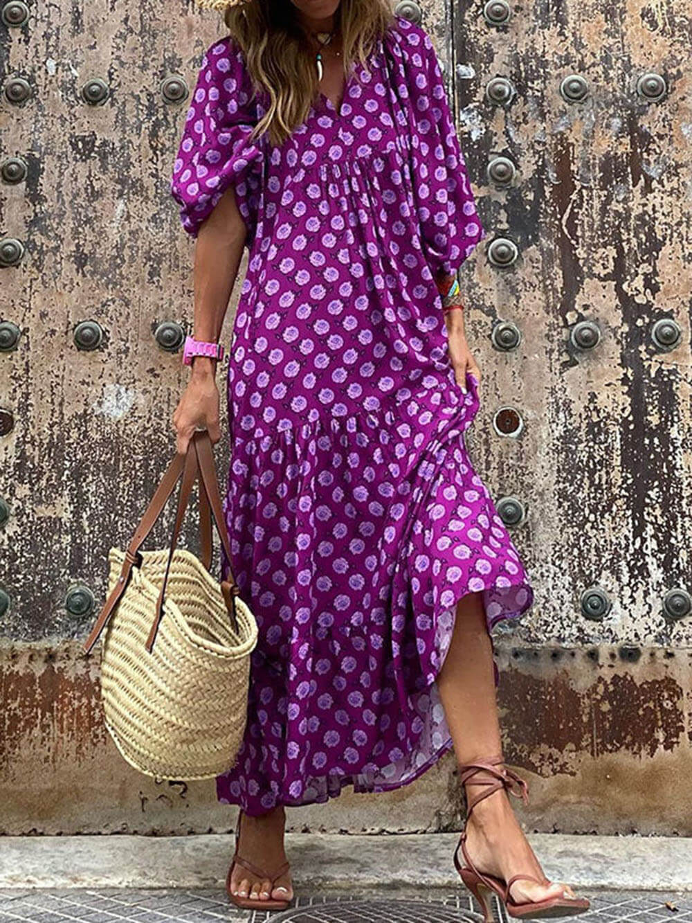 V-Neck Floral Print Lantern Sleeve Tiered Maxi Dress