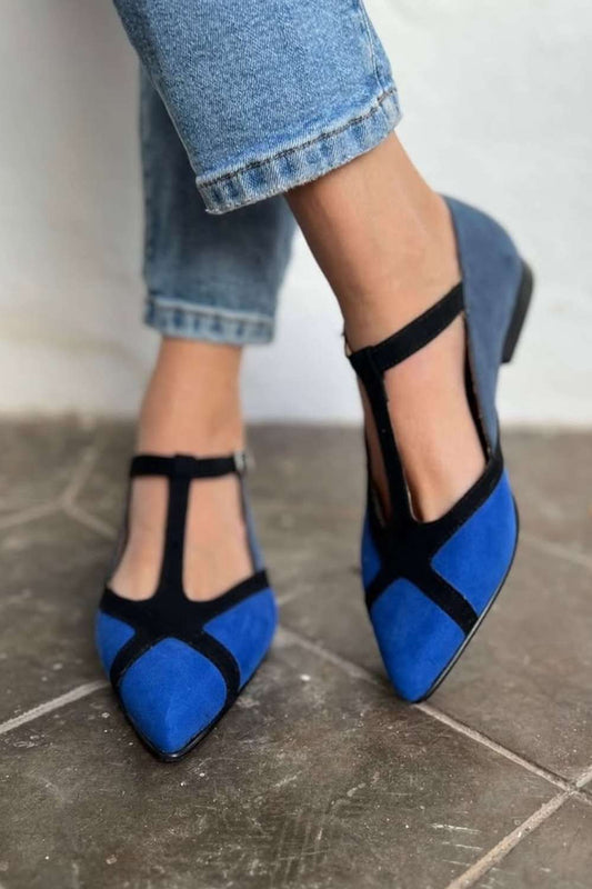 Colorblock Blue Black T-Strap Pointed Toe Flats [Pre Order]