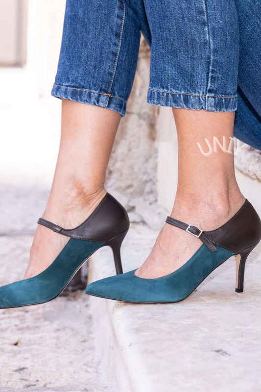 Teal and Black Pointed Toe Ankle Strap Heels [Pre Order]