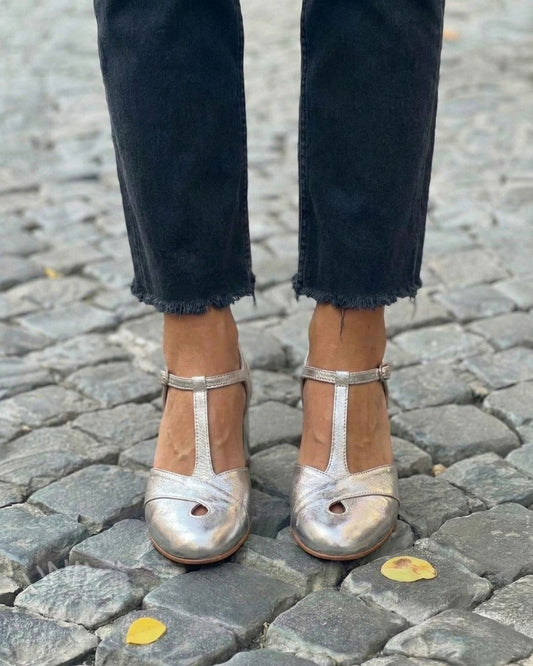 Silver Metallic T-Strap Ankle Chunky Block Heels [Pre Order]
