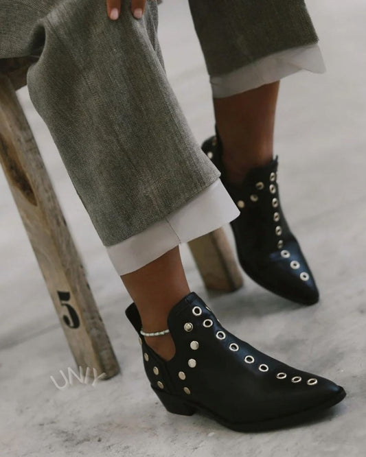 Vintage Pointed Toe Studded Low Heel Side Cutout Ankle Boots [Pre Order]