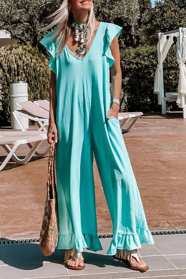 Jumpsuit mit V-Ausschnitt, Rüschenärmeln und weitem Bein