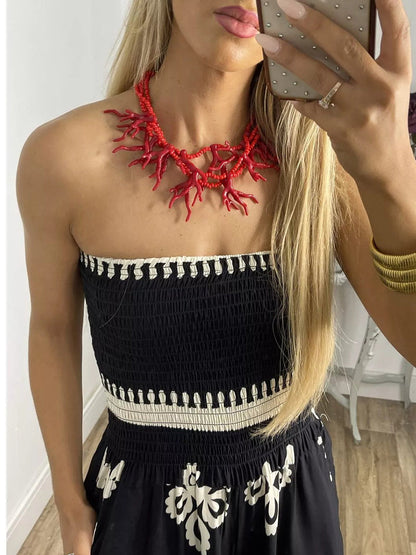 Strapless Printed Smocked Waist Wide Leg Jumpsuit