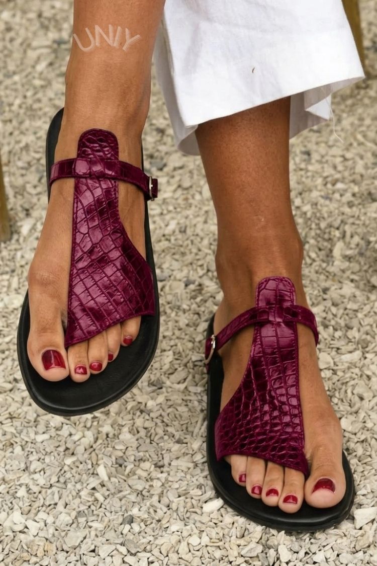 Crocodile Embossed T-Strap Buckle Flat Sandals