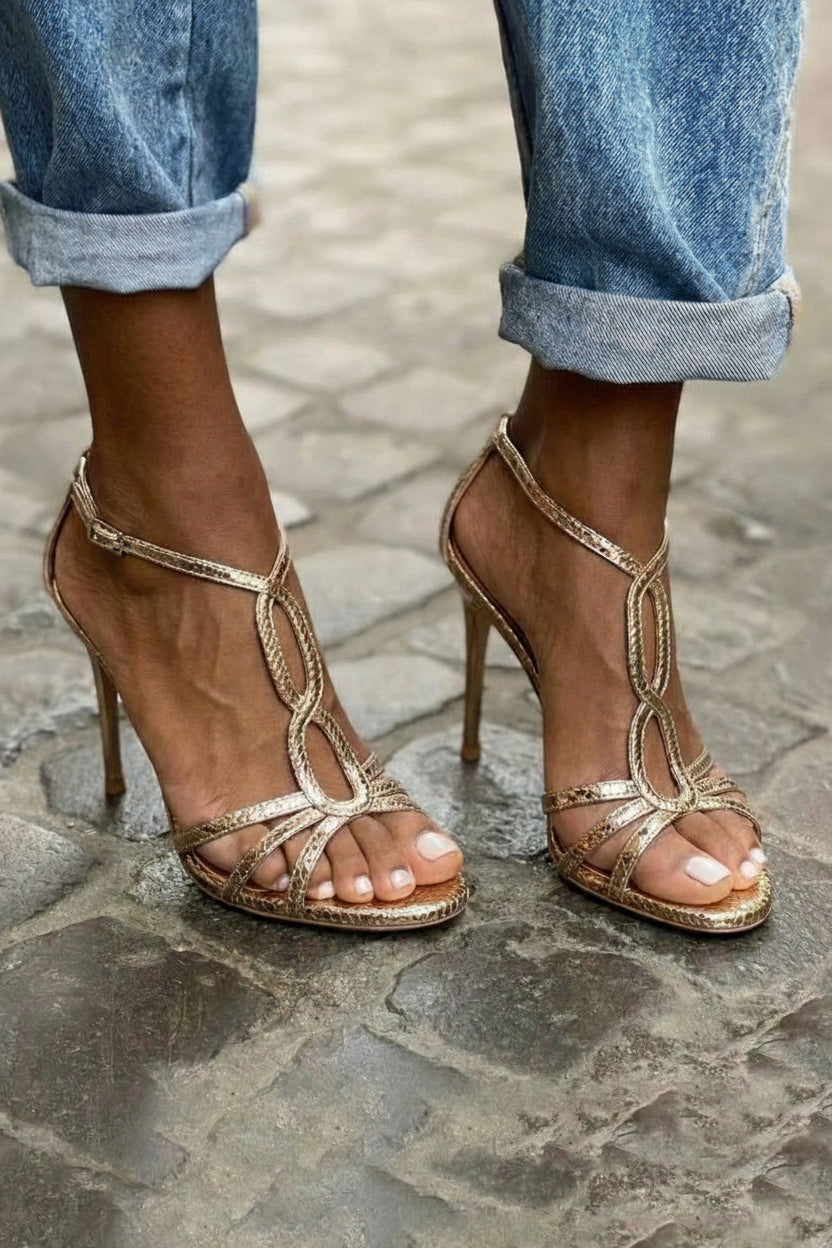 Champagne Gold Textured Strappy Ankle Buckle High Heels [Pre Order]