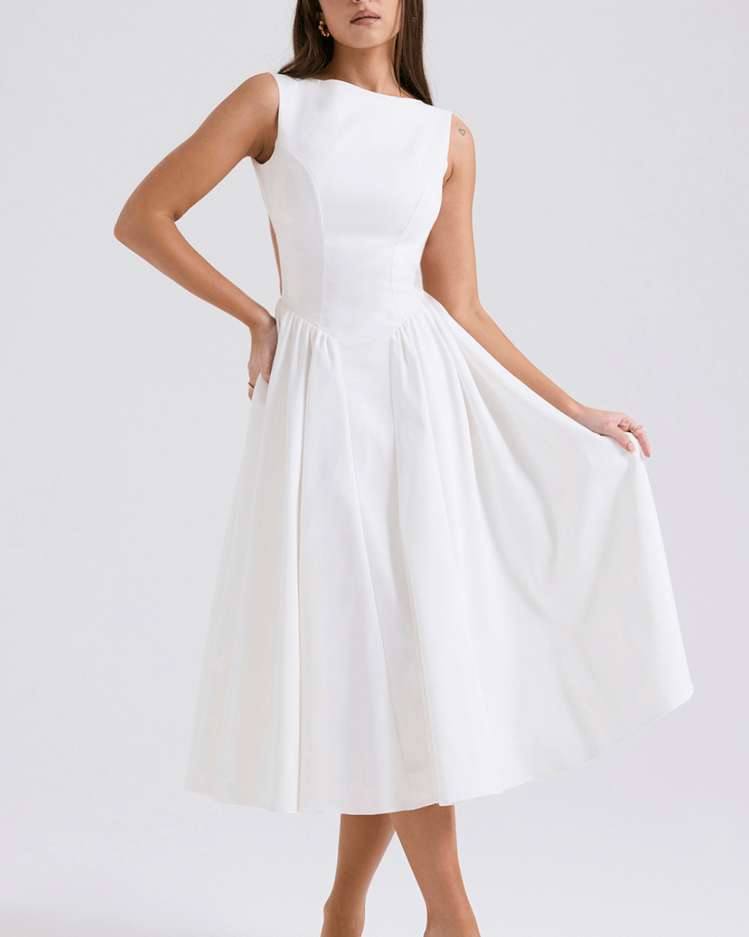 Twill Sleeveless High Neck Basque Waist Midi Sundress