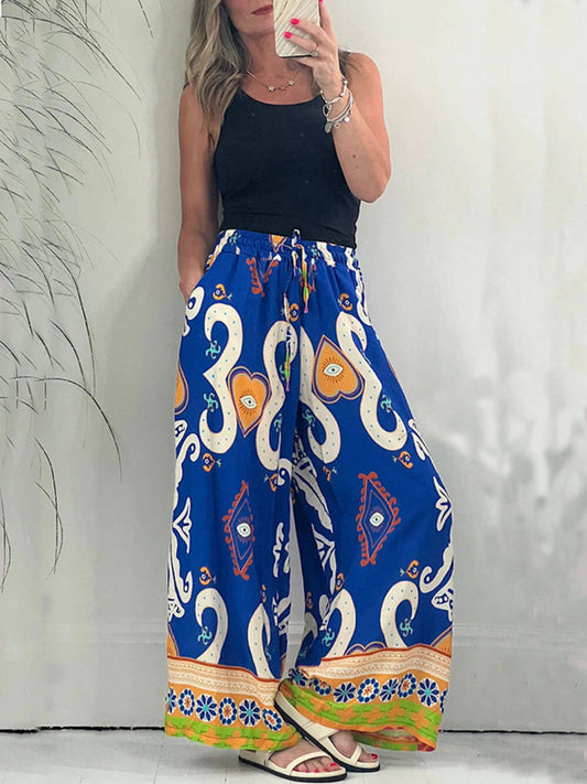 Pantalones de pierna ancha con cordón, cintura elástica y estampado gráfico