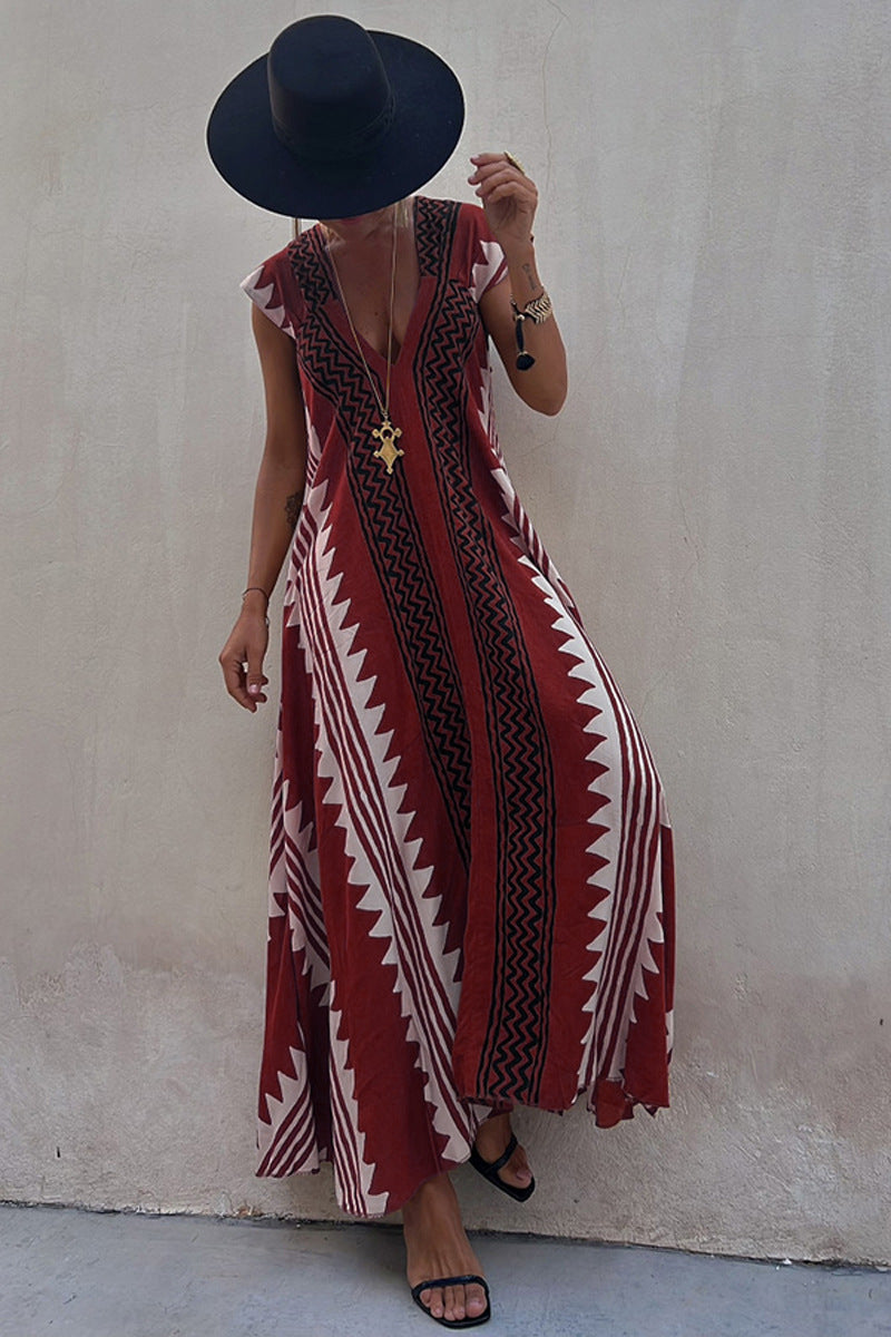 Ethnic Print V-Neck Cap Sleeve A-line Maxi Dress