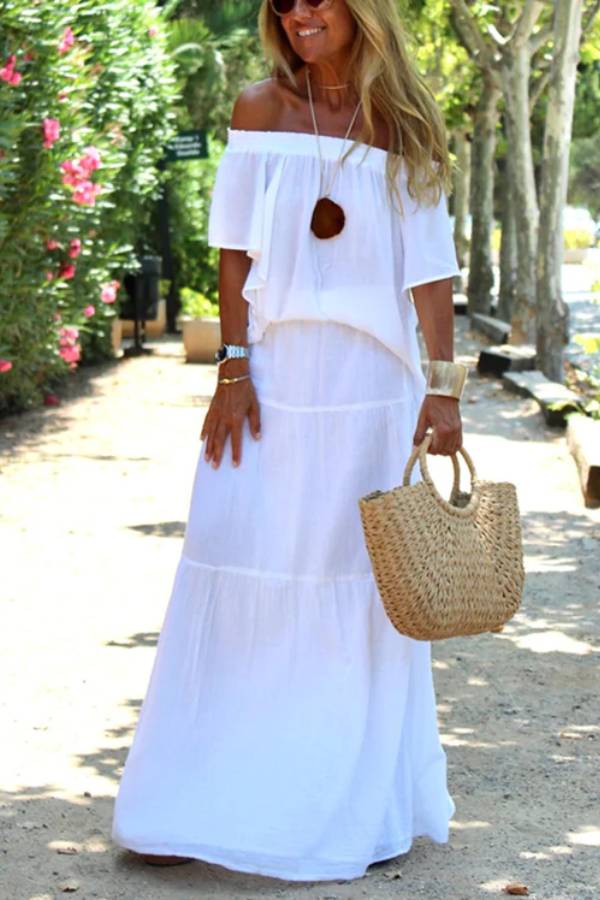 Casual Off Shoulder Ruffle Tiered Beach Maxi Dress