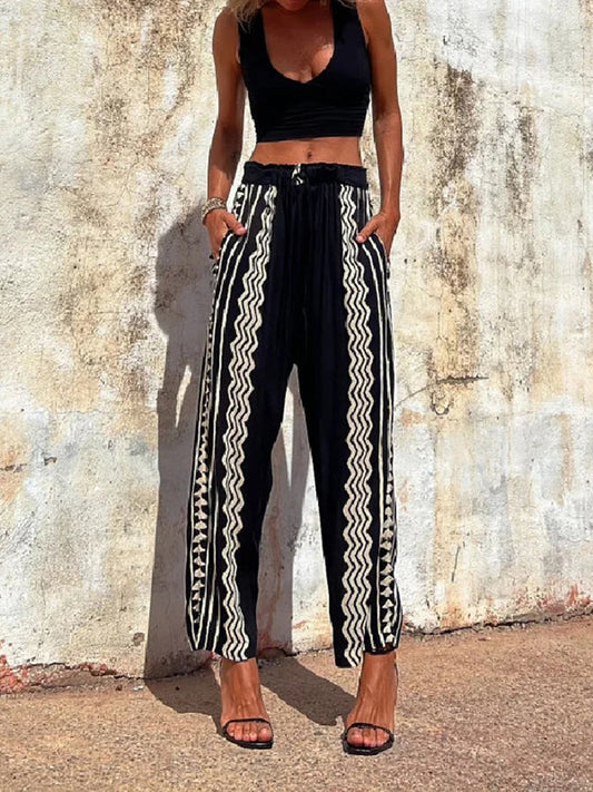 Boho Geometric Print Drawstring Elastic Waist Harem Pants