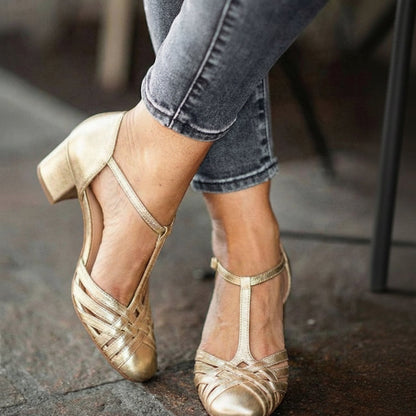 Elegant Metallic T-Strap Mary Jane Block Heel Dress Pumps
