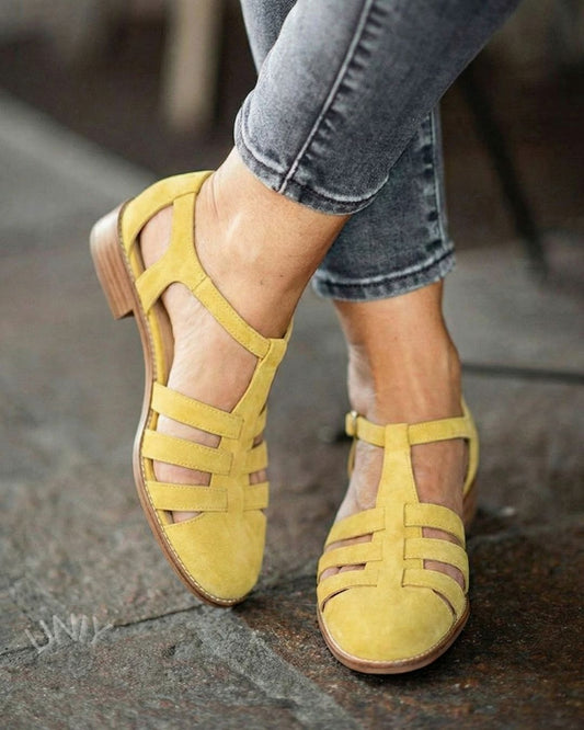 Yellow Faux Suede Strappy Closed Toe Block Heel Sandals [Pre Order]