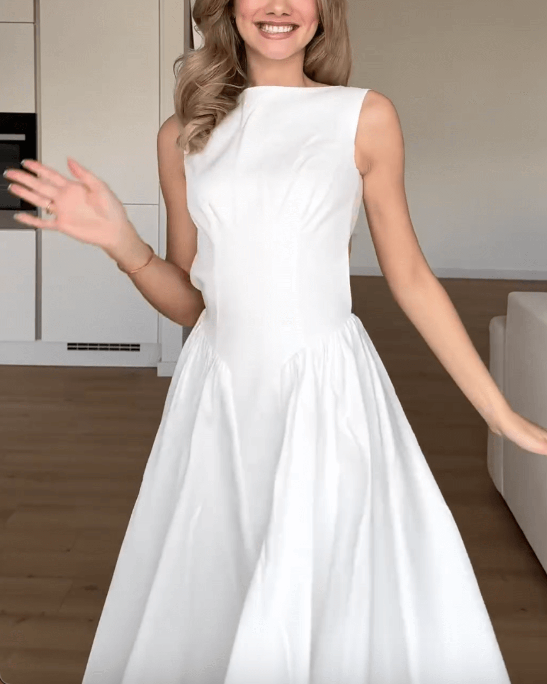 Twill Sleeveless High Neck Basque Waist Midi Sundress