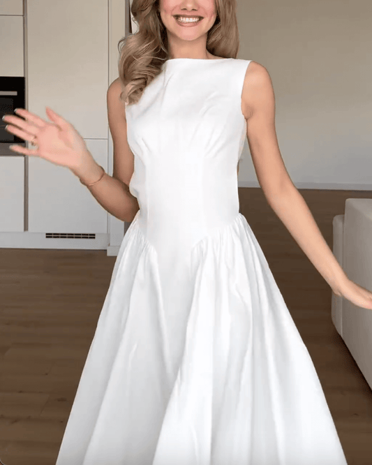 Twill Sleeveless High Neck Basque Waist Midi Sundress