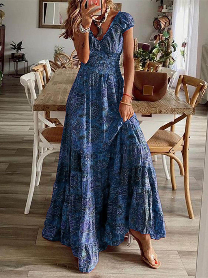 Bohemian Smocked V-Neck Tiered Maxi Dress
