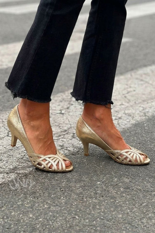 Elegant Pale Gold Shimmer Lattice Strappy Kitten Heels [Pre Order]