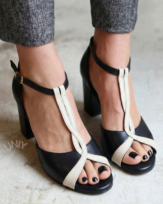 Black Cream Two Tone T-Strap Block Heel Sandals [Pre Order]