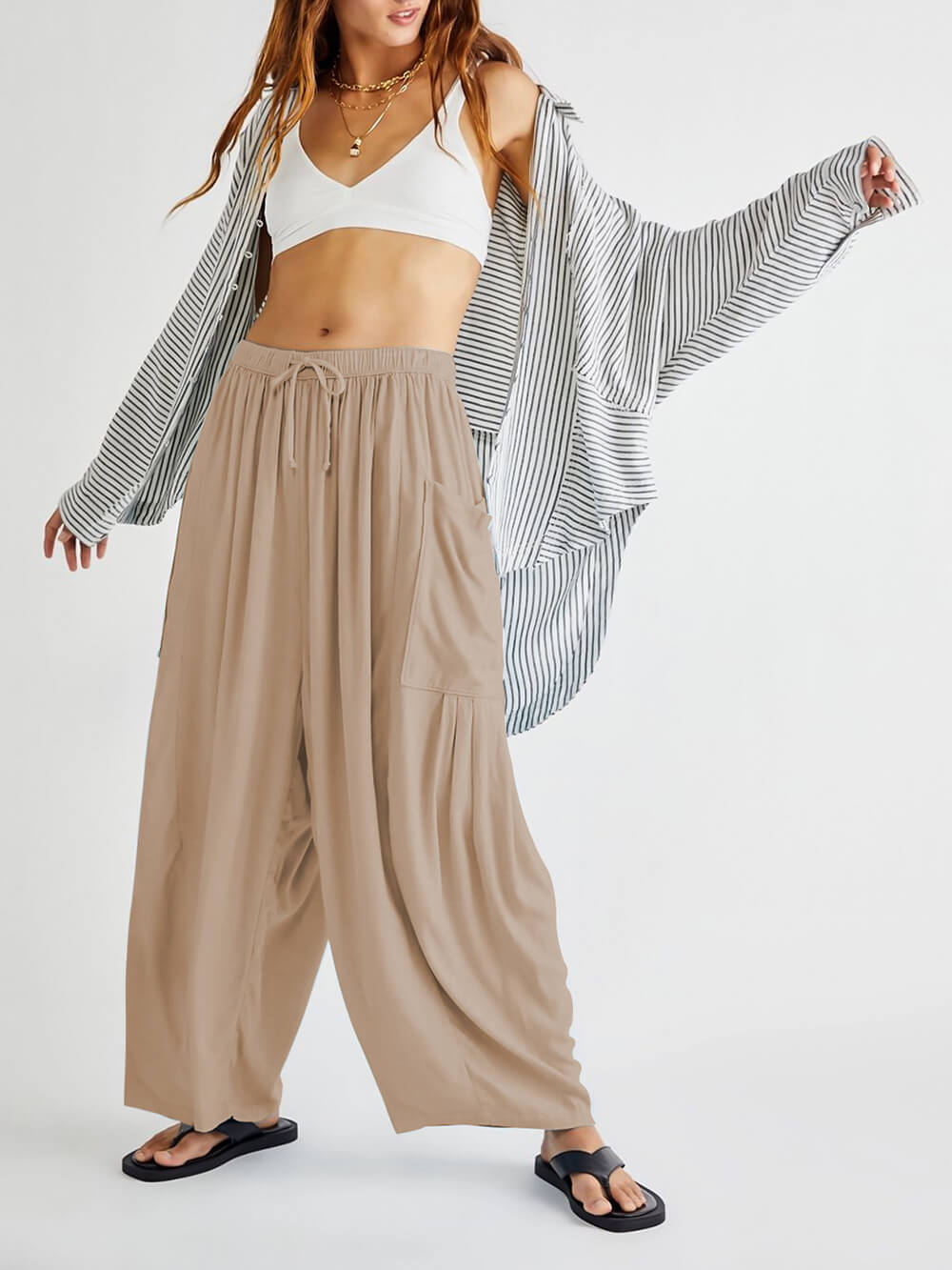 Drawstring Elastic Waist Wide Leg Yoga Pants Cargo Style