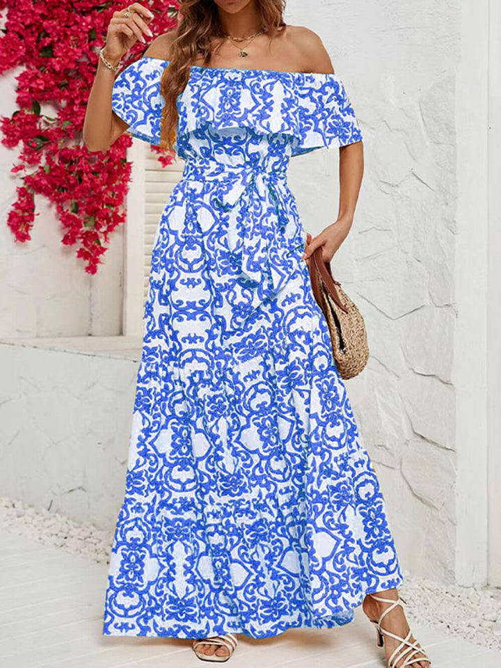 Off-Shoulder Short-Sleeve Printed Ruffle Tiered Maxi Dress
