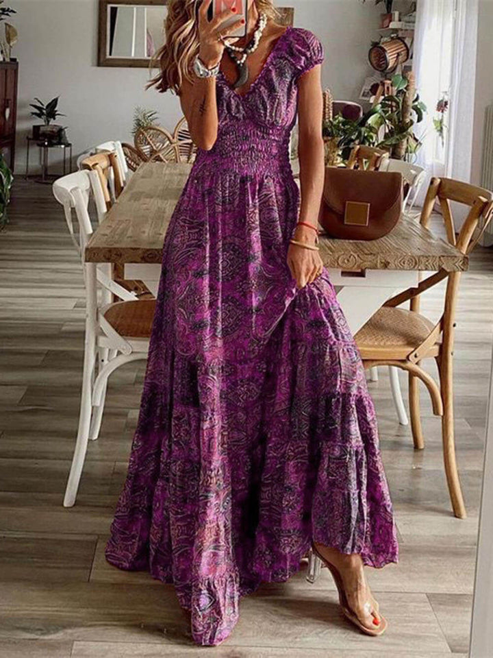 Bohemian Smocked V-Neck Tiered Maxi Dress